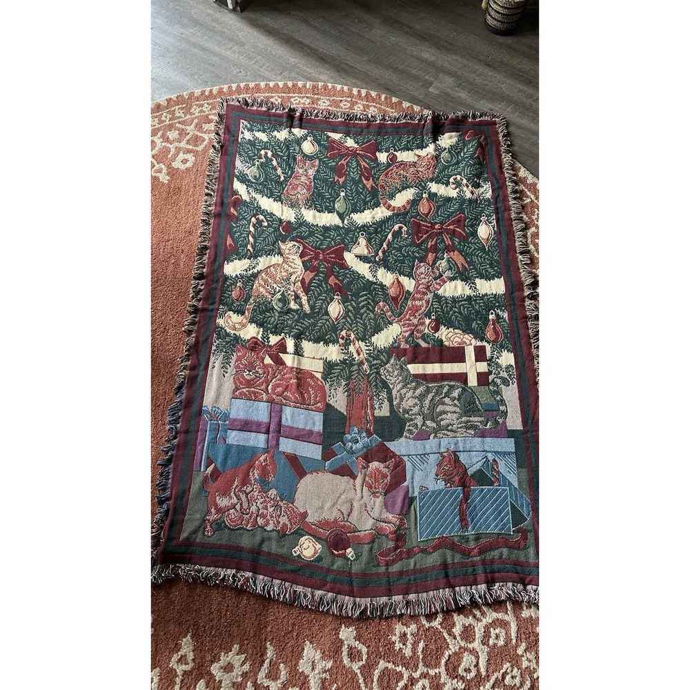GOODWIN WEAVERS BLANKET TAPESTRY THROW CATS IN CHRISTMAS TREE VINTAGE‎ 68x50